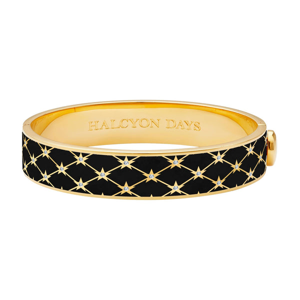 Load image into Gallery viewer, Halcyon Days Star Sparkle Trellis Hinged Bangle in Black &amp; Gold
