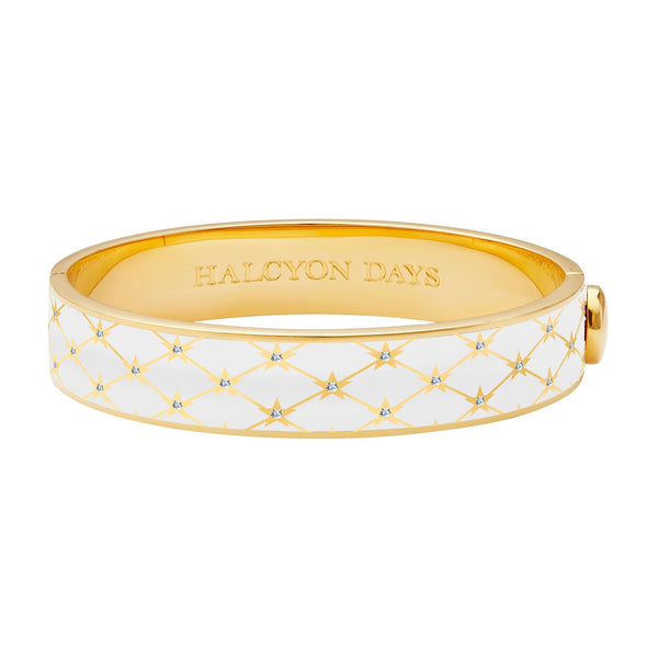 Load image into Gallery viewer, Halcyon Days Star Sparkle Trellis Hinged Bangle in Cream &amp; Gold
