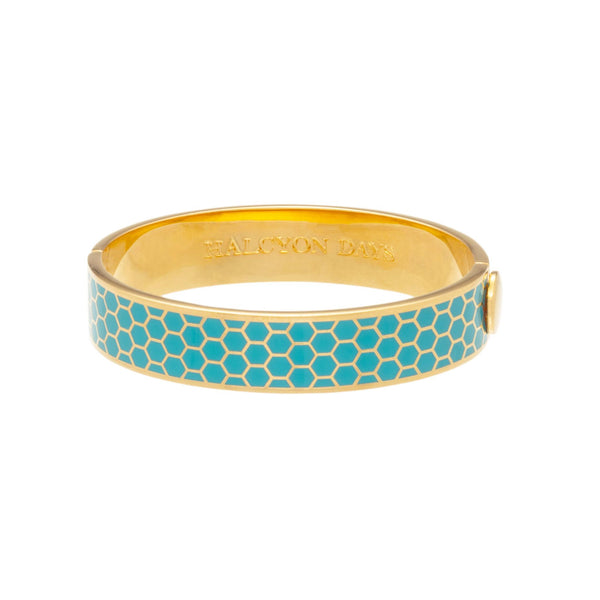 Load image into Gallery viewer, Halcyon Days 13mm Honeycomb - Turquoise - Gold - Hinged Bangle
