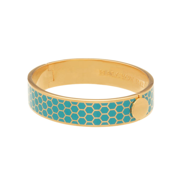 Load image into Gallery viewer, Halcyon Days 13mm Honeycomb - Turquoise - Gold - Hinged Bangle
