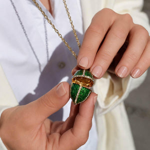 Olivia Riegel Green Guilloché Enamel Egg  Locket Pendant Necklace