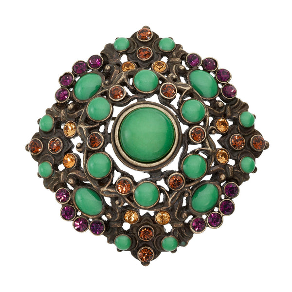 Load image into Gallery viewer, Olivia Riegel Bronze Brooch with Green Jewels

