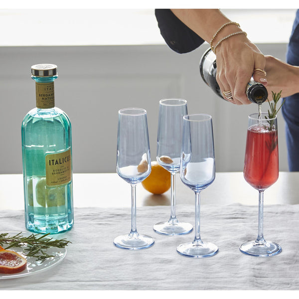 Load image into Gallery viewer, Mariposa Fine Line Light Blue with White Rim Champagne Flute Glass Set of 4
