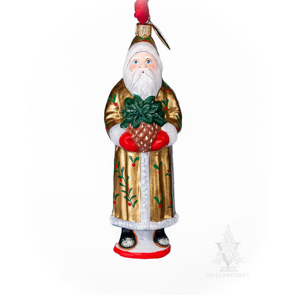 Load image into Gallery viewer, Vaillancourt Folk Art - Traditional Gold Santa Holding Pineapple - Christmas Ornament
