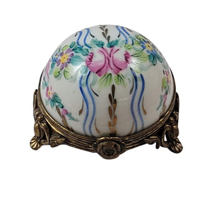 Floral Dome with Blue Ribbons & Flowers on Brass Base Limoges Box