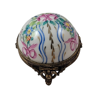 Floral Dome with Blue Ribbons & Flowers on Brass Base Limoges Box