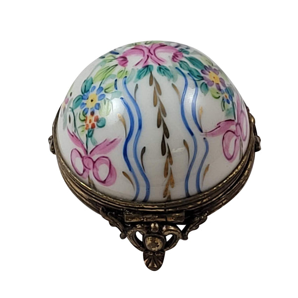 Load image into Gallery viewer, Floral Dome with Blue Ribbons &amp; Flowers on Brass Base Limoges Box
