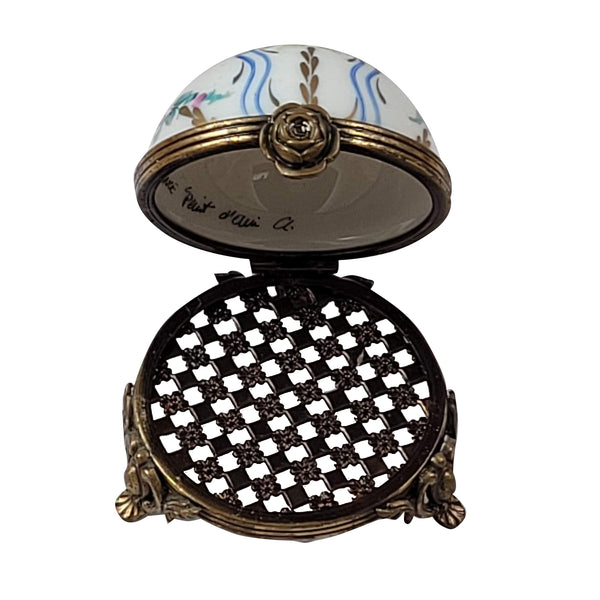 Load image into Gallery viewer, Floral Dome with Blue Ribbons &amp; Flowers on Brass Base Limoges Box
