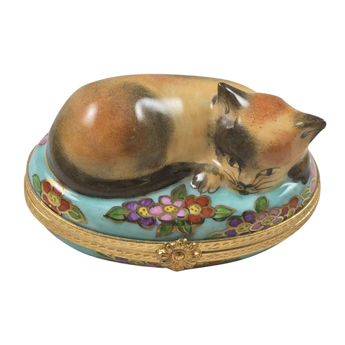 Cat on Blue Floral Oval Limoges Box