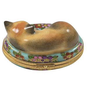 Cat on Blue Floral Oval Limoges Box