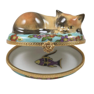 Cat on Blue Floral Oval Limoges Box