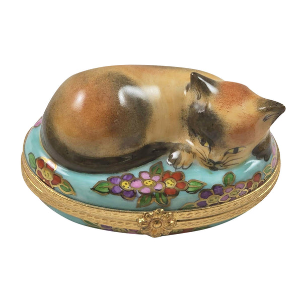 Load image into Gallery viewer, Cat on Blue Floral Oval Limoges Box
