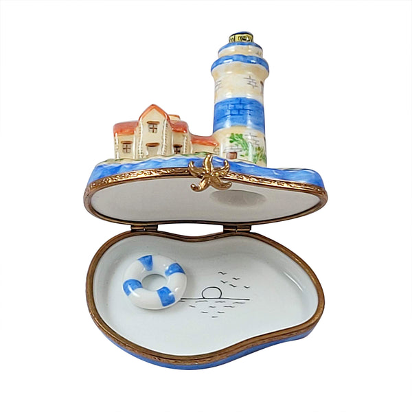 Load image into Gallery viewer, Blue Lighthouse with Life Buoy Limoges Box
