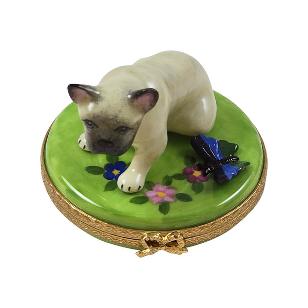 Load image into Gallery viewer, Rochard "French Bulldog on Round with Butterfly" Limoges Box
