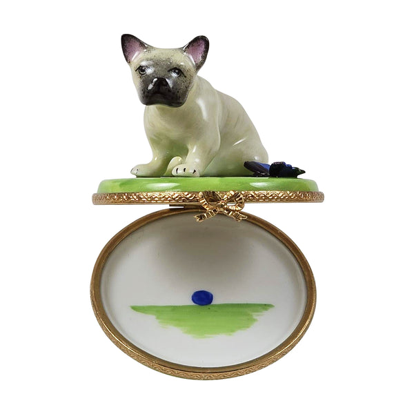 Load image into Gallery viewer, Rochard "French Bulldog on Round with Butterfly" Limoges Box
