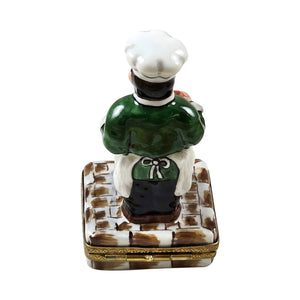 Rochard "French Chef Holding Fish with Menu Board" Limoges Box