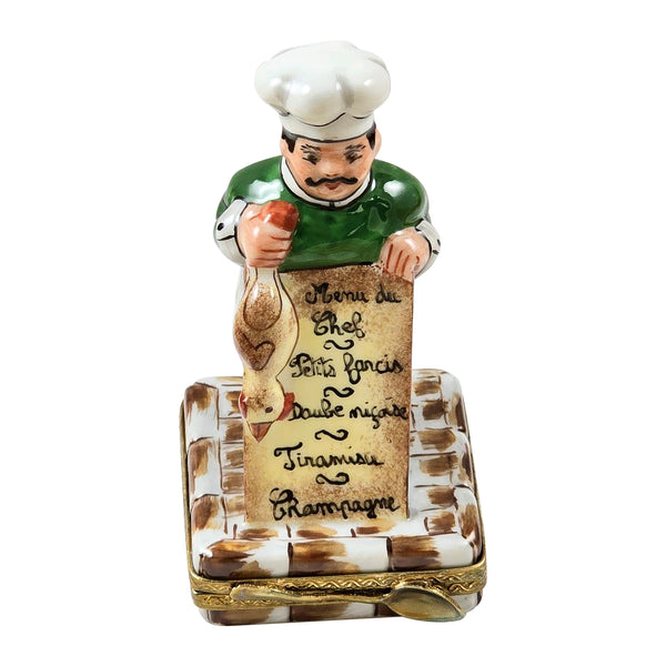 Load image into Gallery viewer, Rochard "French Chef Holding Fish with Menu Board" Limoges Box
