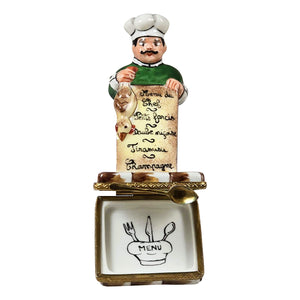 Rochard "French Chef Holding Fish with Menu Board" Limoges Box
