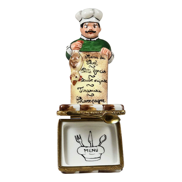 Load image into Gallery viewer, Rochard &quot;French Chef Holding Fish with Menu Board&quot; Limoges Box
