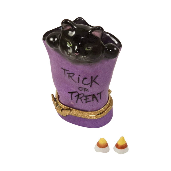 Load image into Gallery viewer, Rochard "Cat in Trick Or Treat Bag with Removable Candy Corn" Limoges Box
