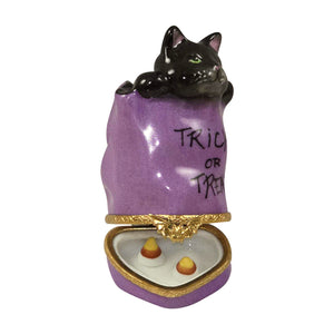 Rochard "Cat in Trick Or Treat Bag with Removable Candy Corn" Limoges Box