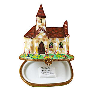 Rochard "Church with Brown Roof & Removable Bible" Limoges Box
