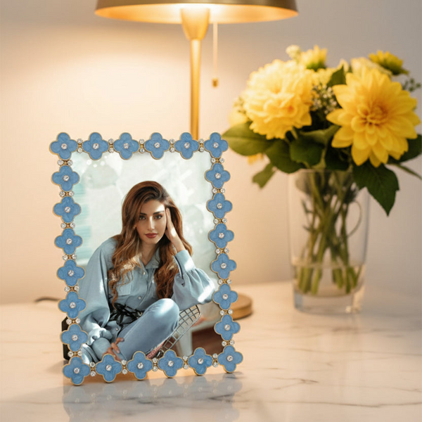 Load image into Gallery viewer, Olivia Riegel Light Blue Enamel Clover 5" x 7" Frame, Gold

