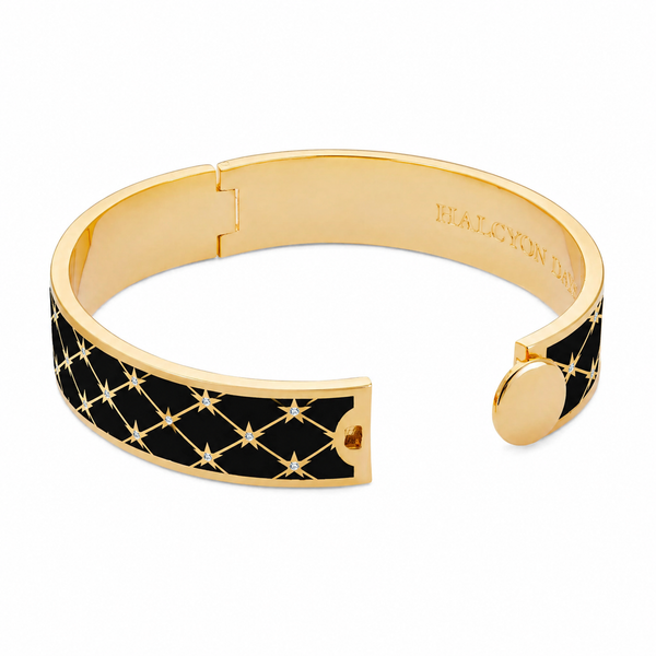 Load image into Gallery viewer, Halcyon Days Star Sparkle Trellis Hinged Bangle in Black &amp; Gold
