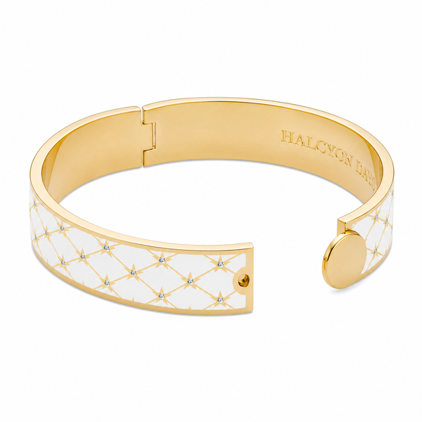 Load image into Gallery viewer, Halcyon Days Star Sparkle Trellis Hinged Bangle in Cream &amp; Gold
