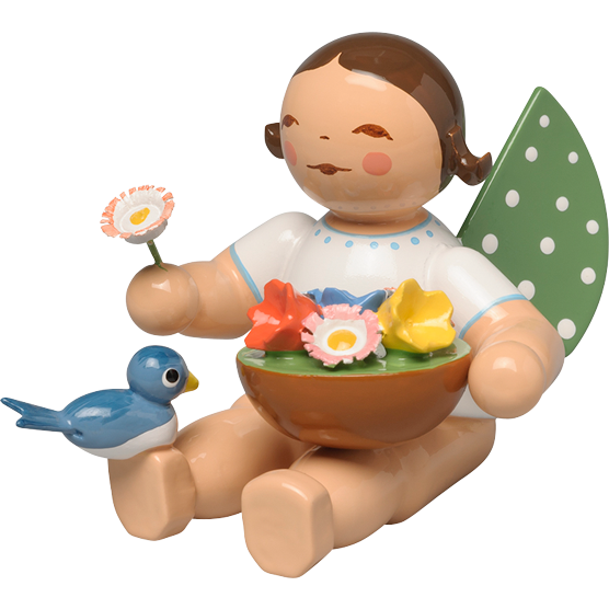 Wendt & Kuhn Angel with Basket of Flowers and Bird, Sitting, without Base Figurine