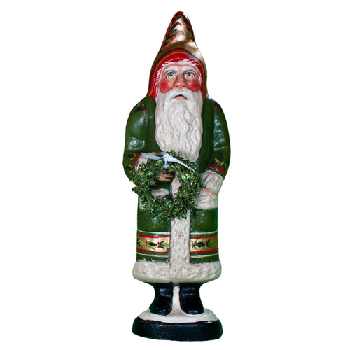 Vaillancourt Folk Art - Green Santa with Gold Wreath - Chalkware Figurine
