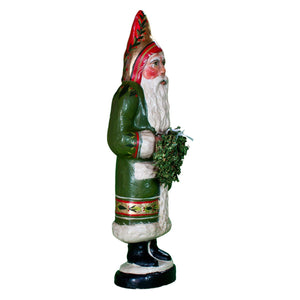 Vaillancourt Folk Art - Green Santa with Gold Wreath - Chalkware Figurine