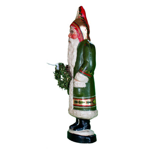 Vaillancourt Folk Art - Green Santa with Gold Wreath - Chalkware Figurine