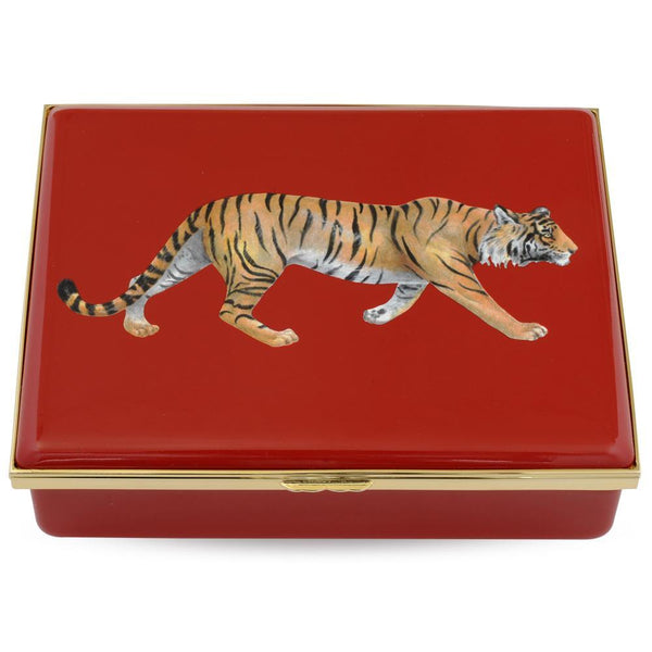 Load image into Gallery viewer, Halcyon Days MW Tiger - Red - Leather Lined Enamel Box
