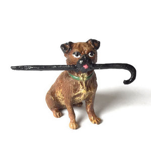 Pug With Cane In Mouth Vienna Bronze Figurine
