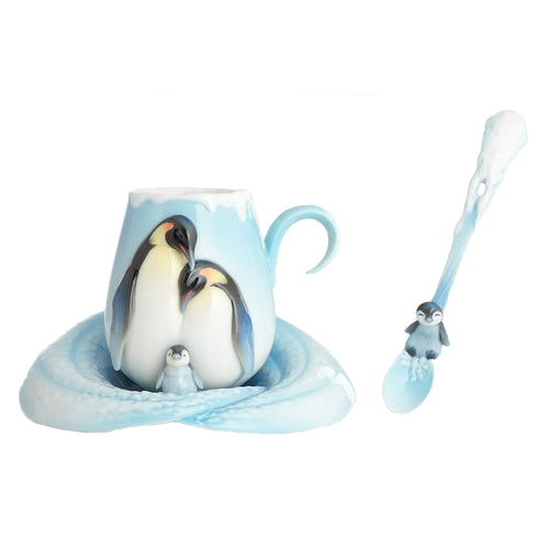 Franz Porcelain Playful Penguins Design Sculptured Porcelain Cup & Saucer/Spoon Set