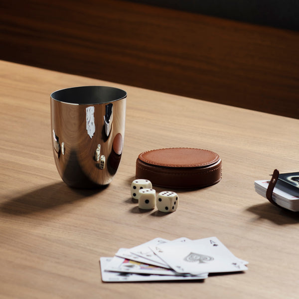 Load image into Gallery viewer, Georg Jensen Sky Dice Travel Cup &amp; 5 Dice, Leather &amp; Stainless Steel
