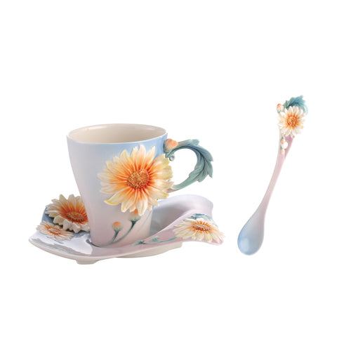 Franz Porcelain Four Seasons-Chrysanthemum Design Sculptured Porcelain Cup & Saucer/Spoon Set
