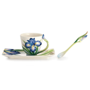 Franz Porcelain Eloquent Iris Flower Design Sculptured Porcelain Cup & Saucer/Spoon Set