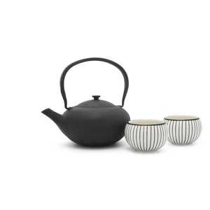 Bredemeijer Giftset Shanxi Black Cast Iron Teapot with 2 Porcelain Striped Mugs