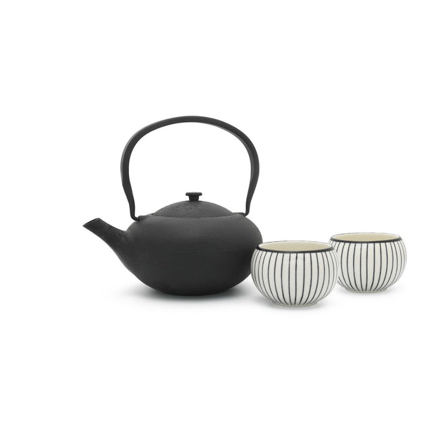 Load image into Gallery viewer, Bredemeijer Giftset Shanxi Black Cast Iron Teapot with 2 Porcelain Striped Mugs
