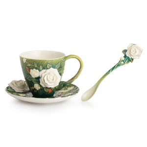 Franz Porcelain Van Gogh White Roses Flower Design Sculptured Porcelain Cup & Saucer/Spoon  Set