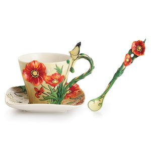 Franz Porcelain Van Gogh Poppy Flower Design Sculptured Porcelain Cup & Saucer/Spoon Set