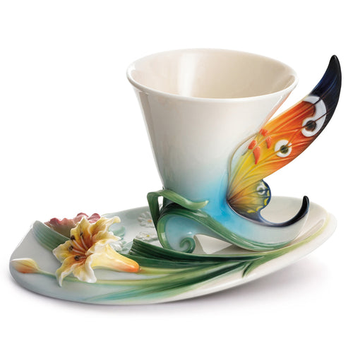 Franz Porcelain Buckeye Butterfly Design Sculptured Porcelain Cup & Saucer Set