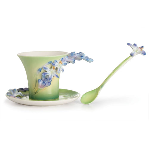 Franz Porcelain Lily Of The Nile Flower Design Sculptured Porcelain Cup & Saucer/Spoon Set