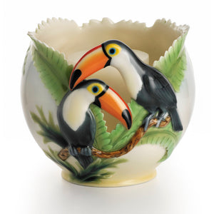Franz Porcelain Paradise Calls Toucans Design Sculptured Porcelain Candle Holder