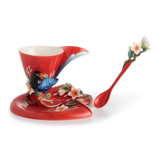 Franz Porcelain Joyful Magpie Design Sculptured Porcelain Cup & Saucer/Spoon Set