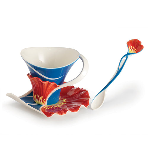 Franz Porcelain Summer Poppy Sculptured Porcelain Cup & Saucer/Spoon Set