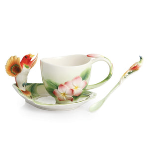 Franz Porcelain Shangri-La Bird Of Paradise Flower Design Sculptured Porcelain Cup & Saucer/Spoon Set