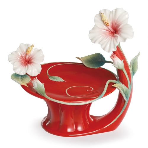 Franz Porcelain Island Beauty Hibiscus Flower Design Sculptured Porcelain Candleholder